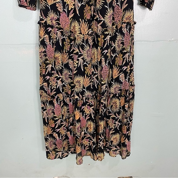 Banjanan Floral Neon Black Long Sleeve Maxi Tropical V Neck Dress Sz XS - Picture 5 of 6